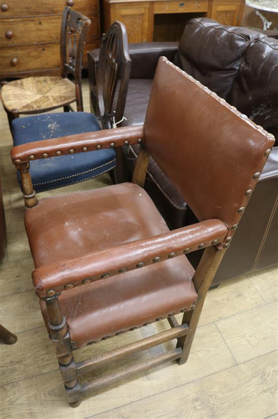 A leather elbow chair and two other chairs W.48cm